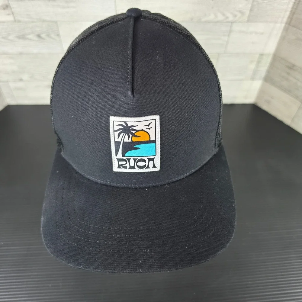 RVCA Mens Black Trucker Hat Tropical Sunset Patch Mesh Snapback Cap